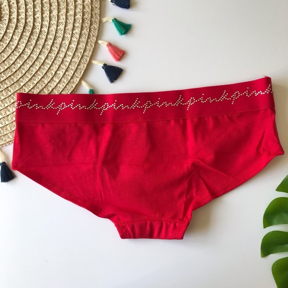 Victoria’s Secret PINK Script Logo Rhinestone Band Hipster Panty Red Small NEW - Picture 2 of 4